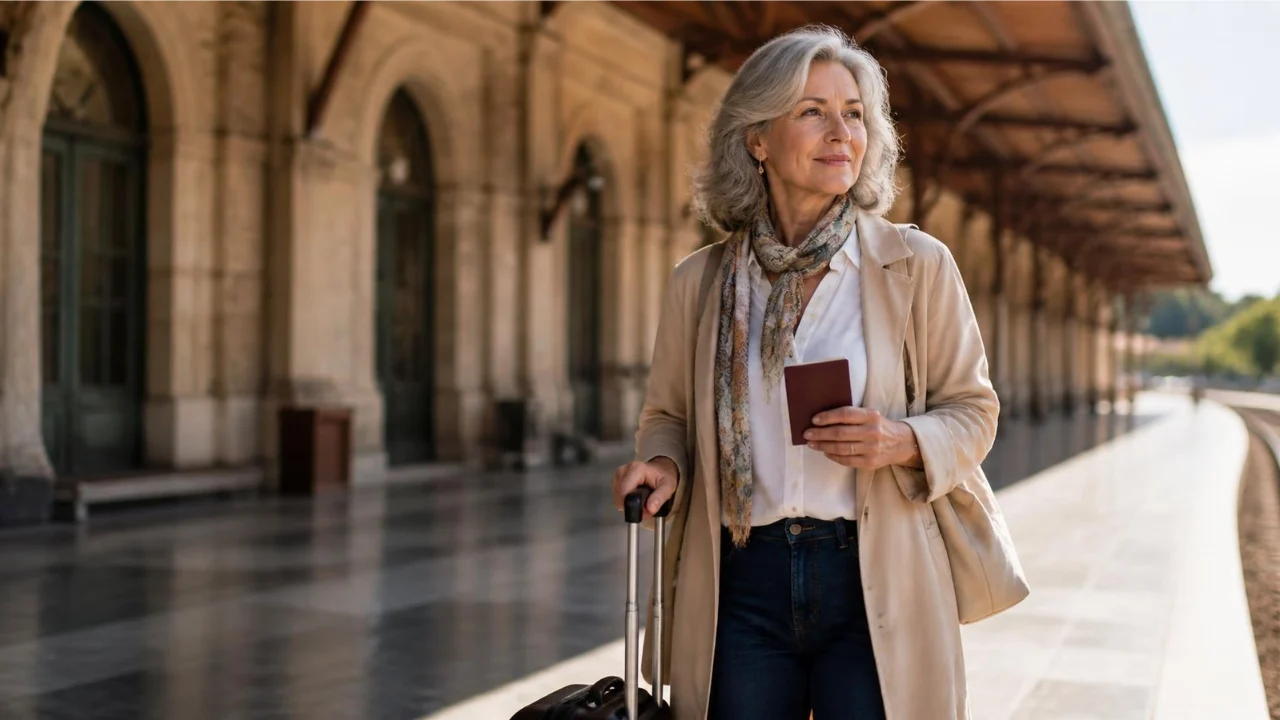 Mature traveler planning a trip with a map, passport and notebook