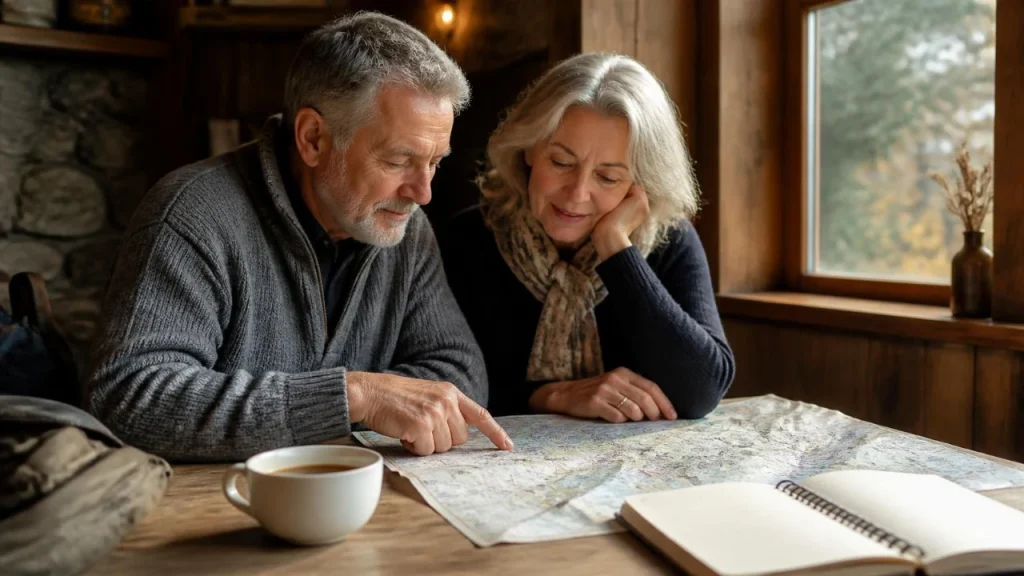 Mature couple planning a trip with a map and notebook

