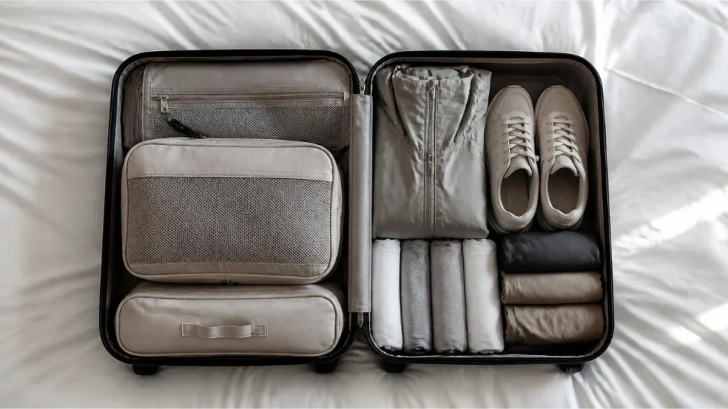 Light carry-on bag packed with neutral travel clothes
