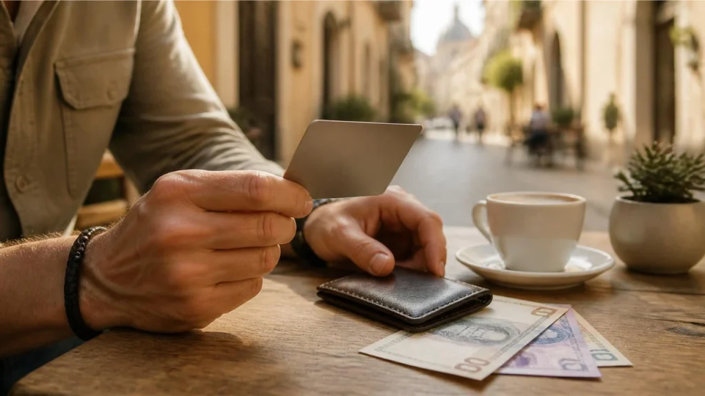 Traveler checking a payment card and currency before a trip abroad

