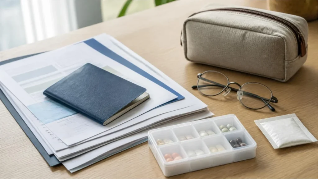 Passport, travel insurance documents and medication organized on a table