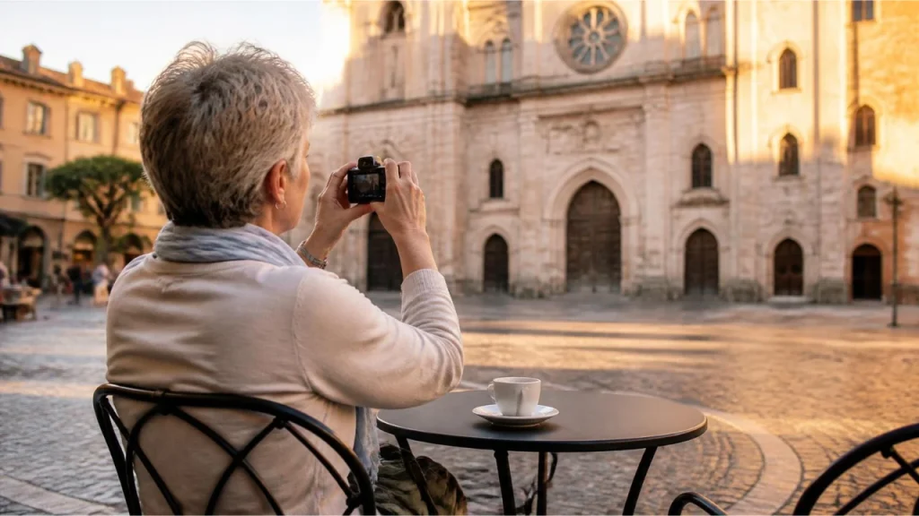 Mature traveler taking a photo at a cobblestone square café