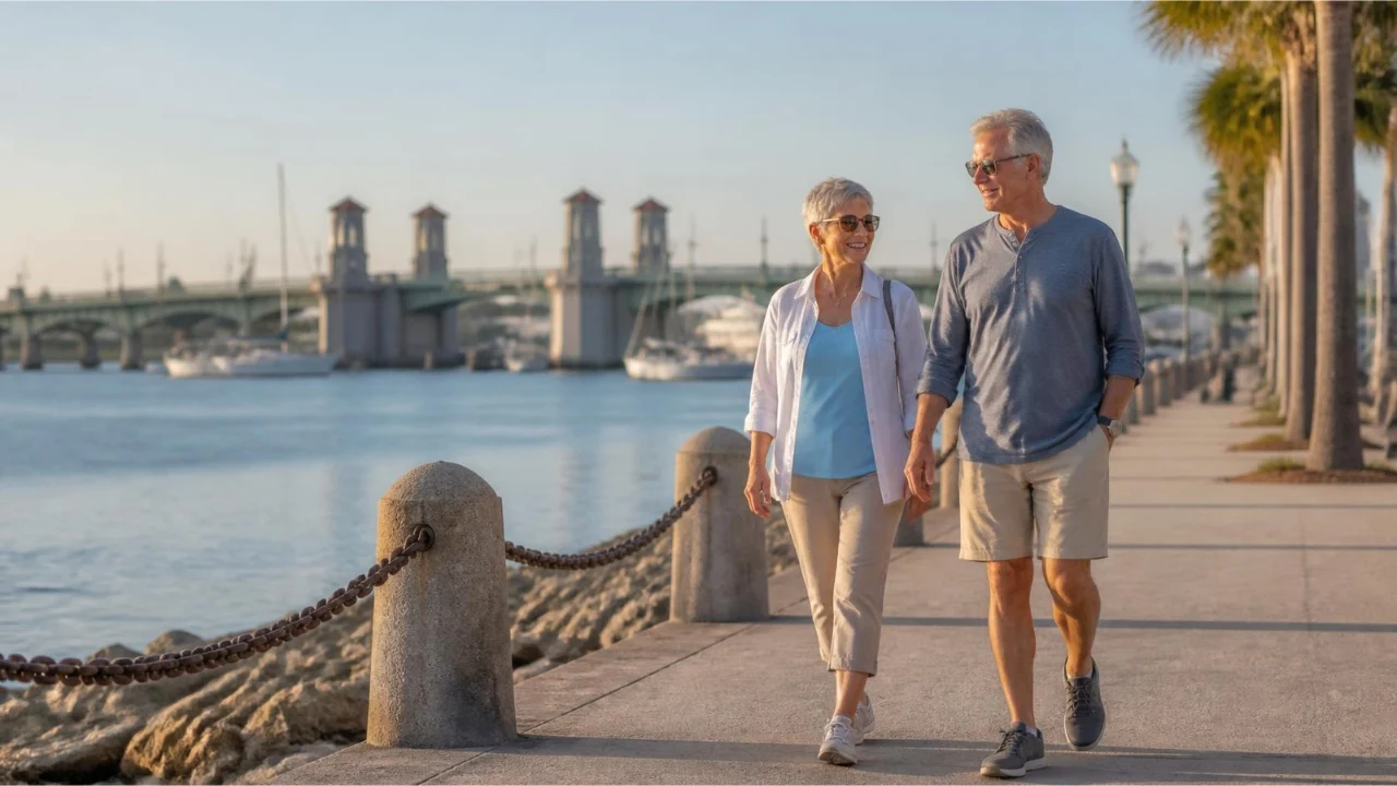 Couple in their 60s walking beside Matanzas Bay in St. Augustine, with the Bridge of Lions in the distance