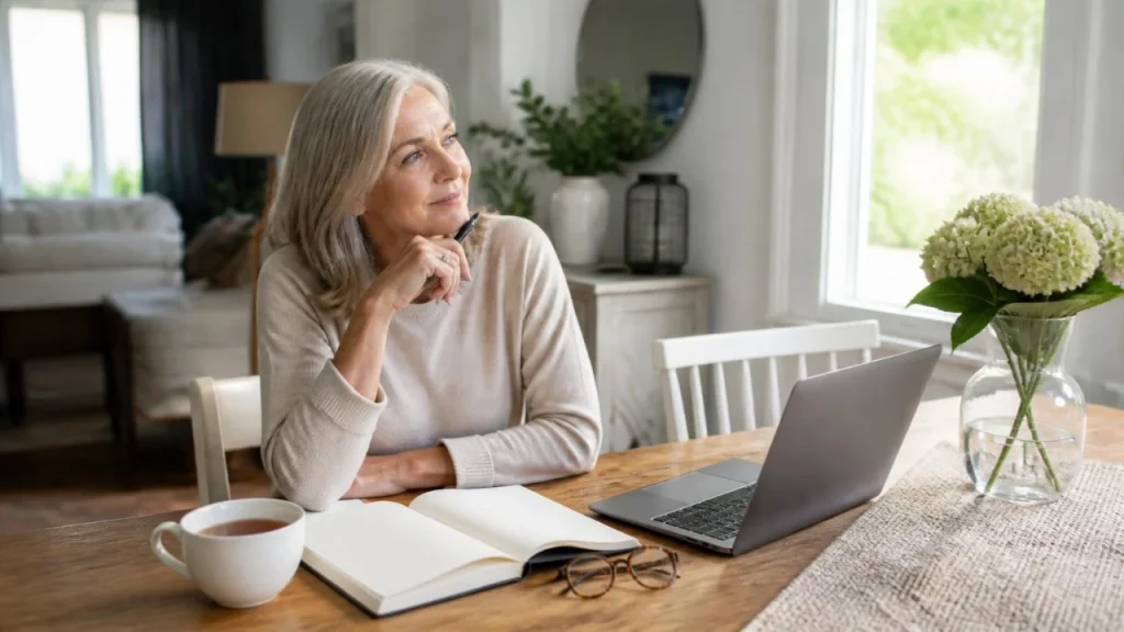 Woman planning a Florida vacation at a table with a laptop, notebook and reading glasses