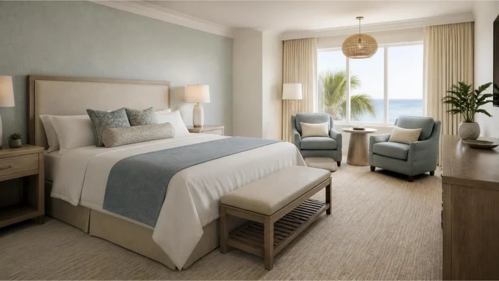 Coastal-style hotel room with a king-size bed, two armchairs and a luggage bench