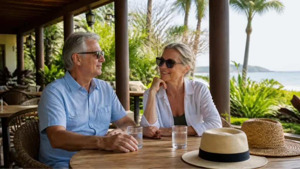 Older couple relaxing with glasses of water on a shaded hotel terrace in Florida