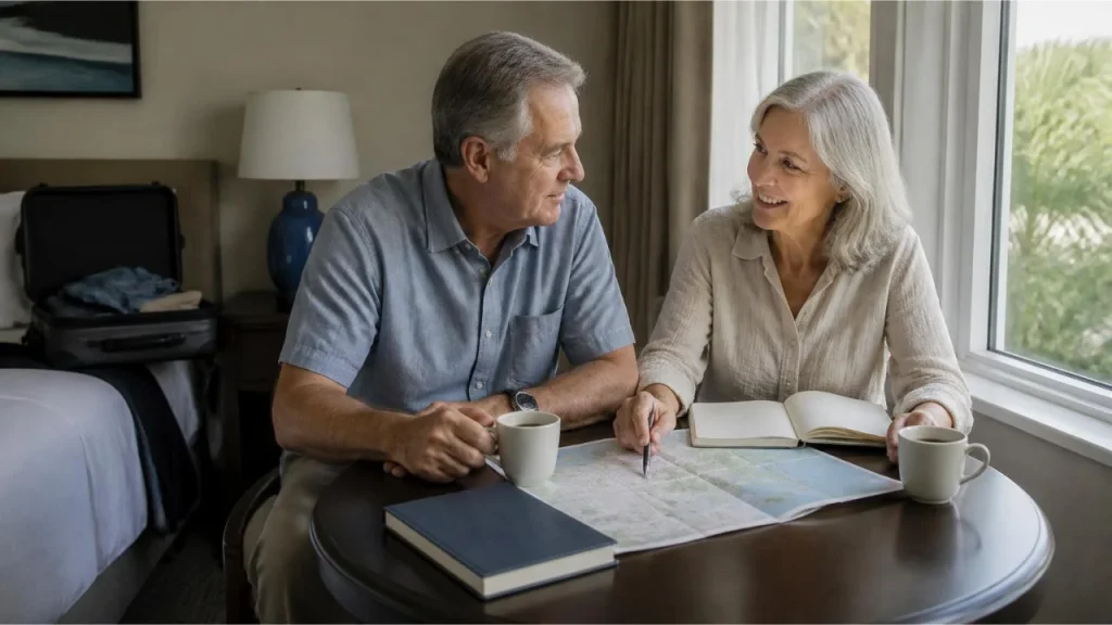 Couple planning a three-night getaway with a map, notebook and coffee beside a hotel room window