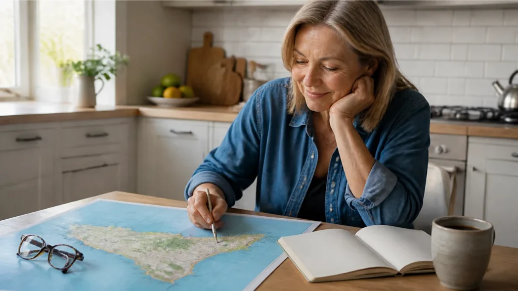 Woman planning a Sicily trip with a map, notebook and coffee