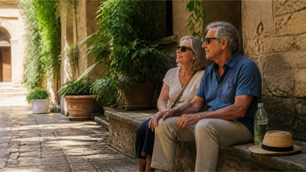 Older couple resting in a shaded courtyard in Palermo