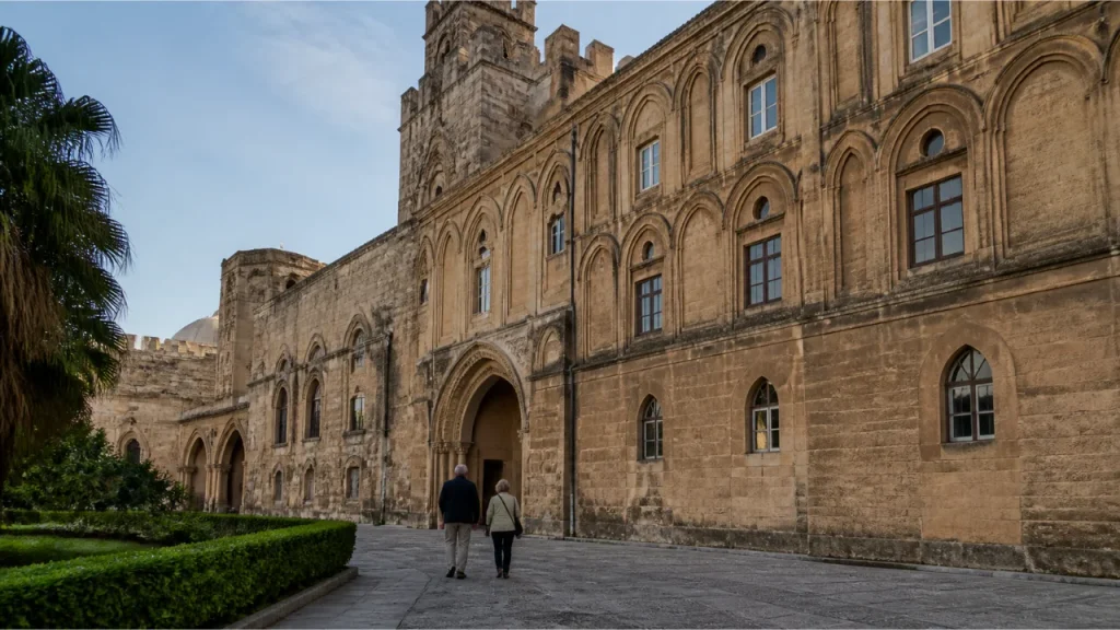 Couple approaching the Palazzo dei Normanni in Palermo