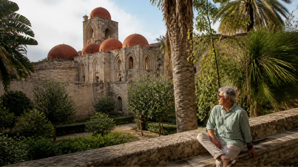 Traveler sitting in the garden beside San Giovanni degli Eremiti