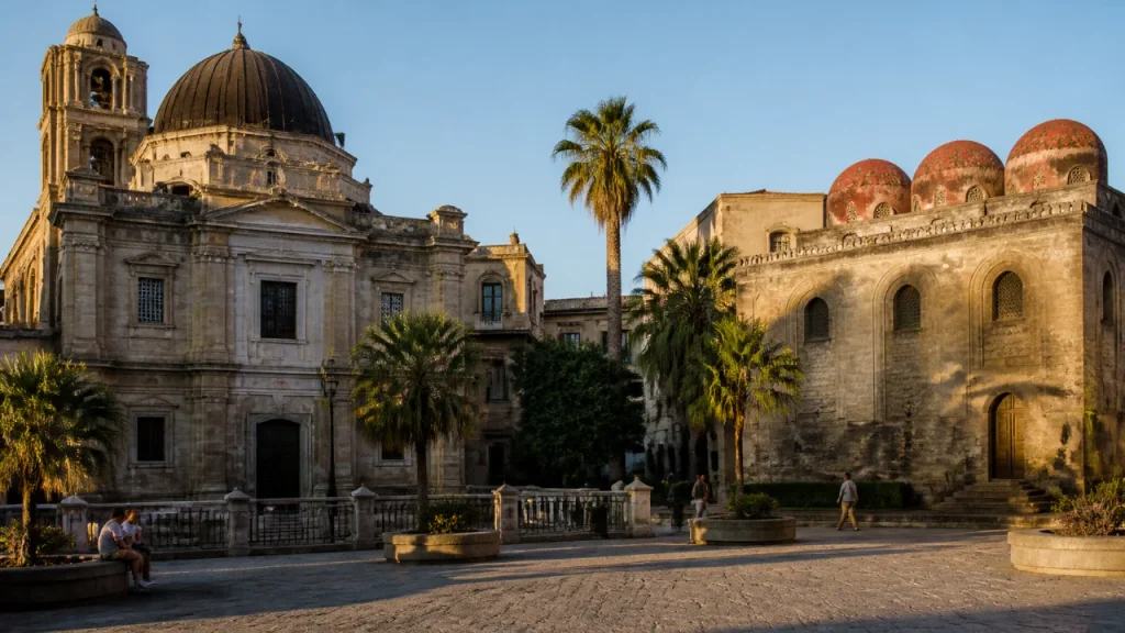 Visitors in Piazza Bellini with historic churches in Palermo
