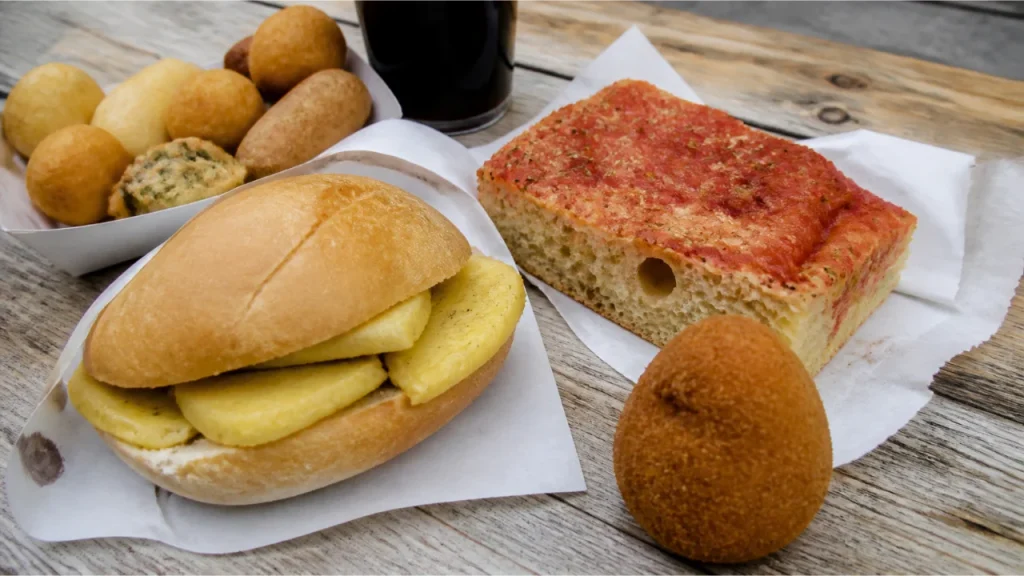 Palermo street food including panelle, arancine and sfincione