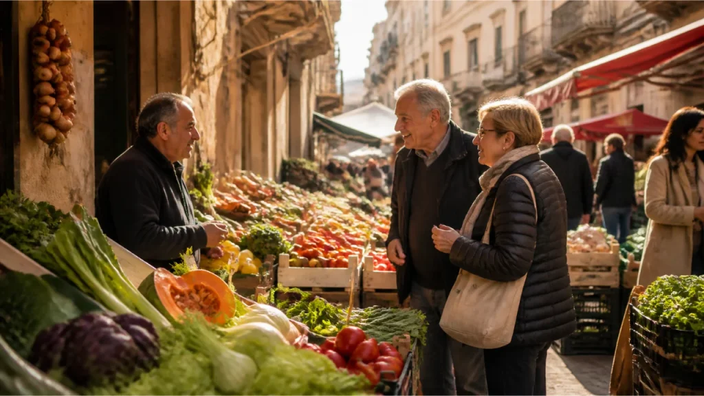 Couple chatting with a vendor at a traditional Palermo market