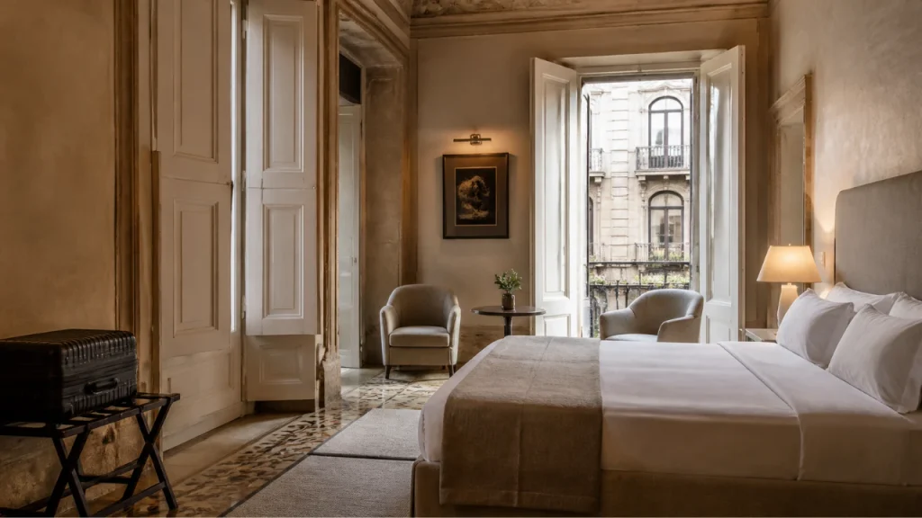Comfortable hotel room with shuttered windows in historic Palermo