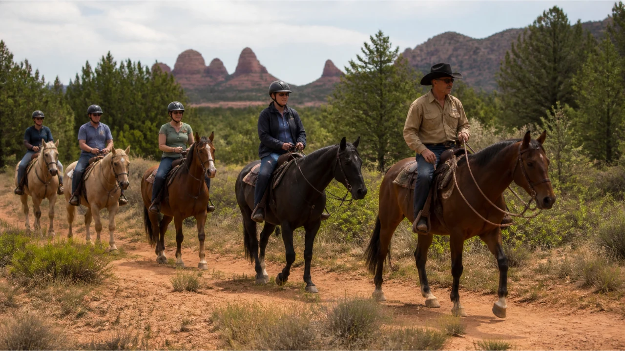 Guided group on a horseback trail ride with red rock views near Sedona