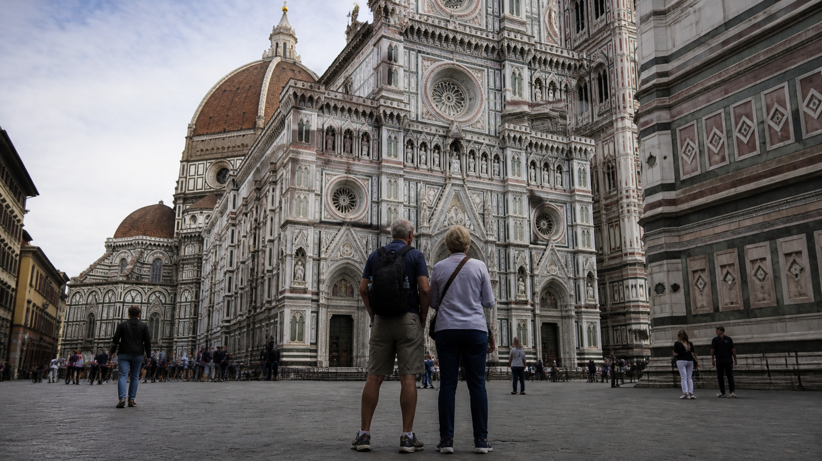 Visitors admiring Florence Cathedral and Giotto’s Campanile from Piazza del Duomo